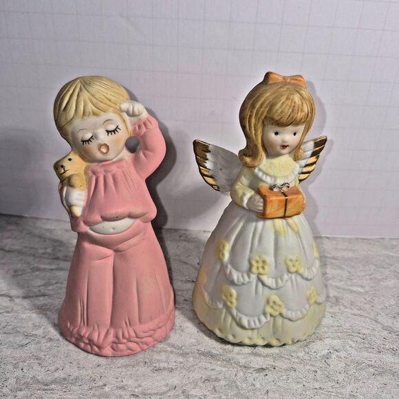 2 Vintage Porcelain Angel Bell's 4.5in's Tall 1 in Yellow Dress & 1 in Pink. - Picture 1 of 10